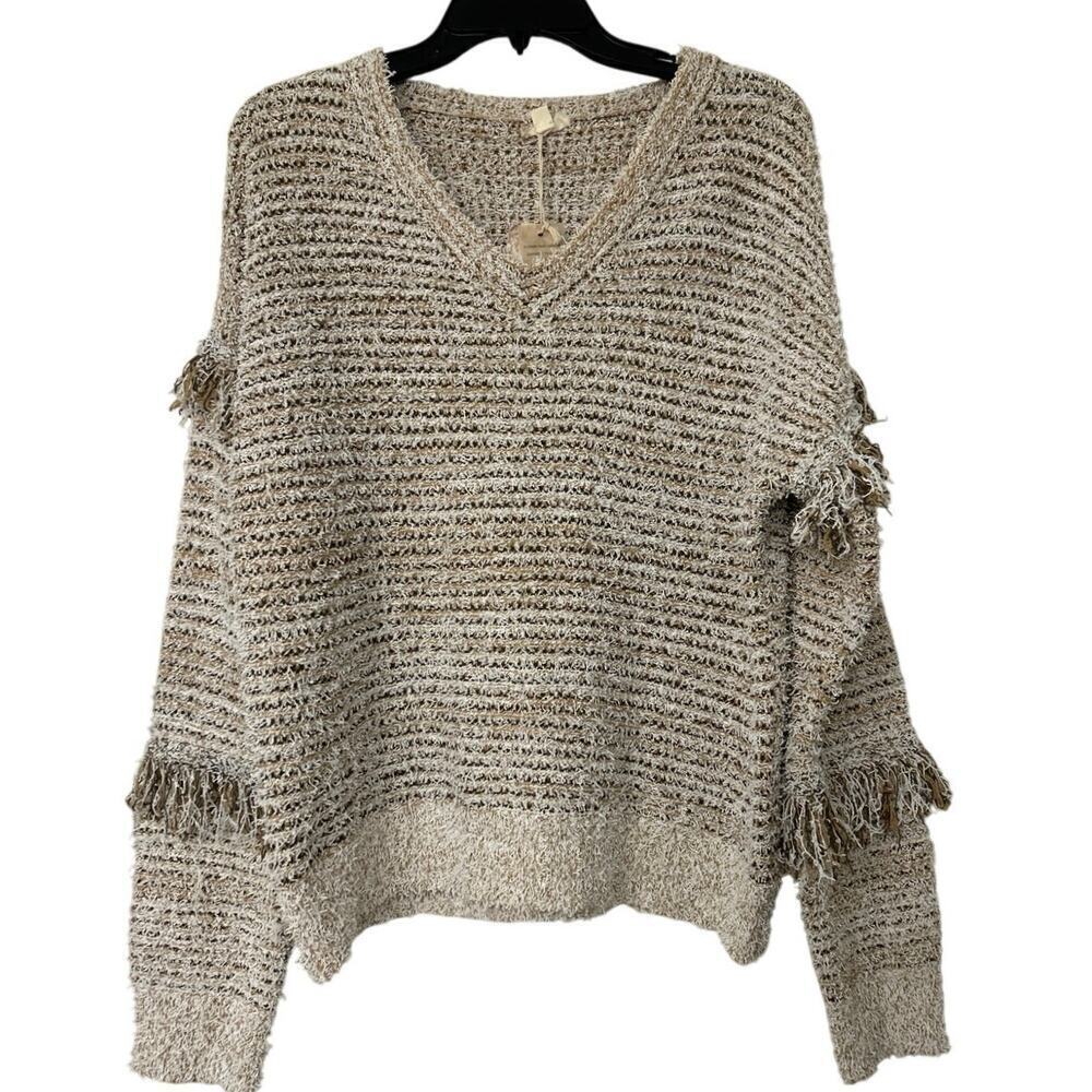 Hem&Thread Fringe V Neck Relaxed Fit Drop Shoulder Neutral Color Sweater New Med